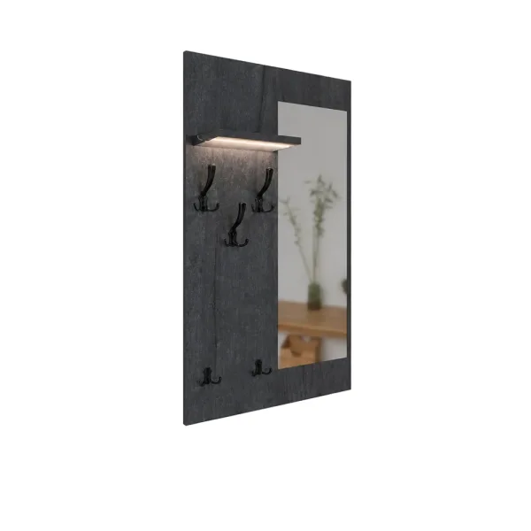 Wieszak z lustrem LED - Beton Czarny